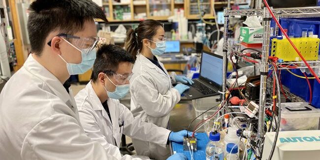 XPRIZE-Team-Photo_900x600-650x433 Left to right: Shijie Liu (MIE MASc candidate), Yi (Sheldon) Xu (MIE postdoctoral fellow) and Celine Xiao (MIE PhD candidate) work on an electrochemical cell in their lab. The students are members of Team E-quester, which has earned a $250,000 XPRIZE Carbon Removal Student Award. (Photo: Yong Zhao)